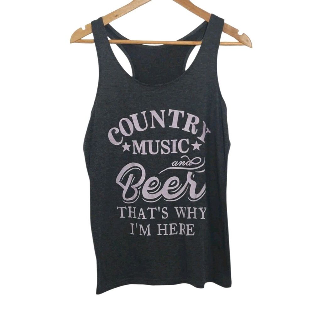 Graphic Tank Top Women's Size Medium Country Music And Beer Funny Tee Gray White